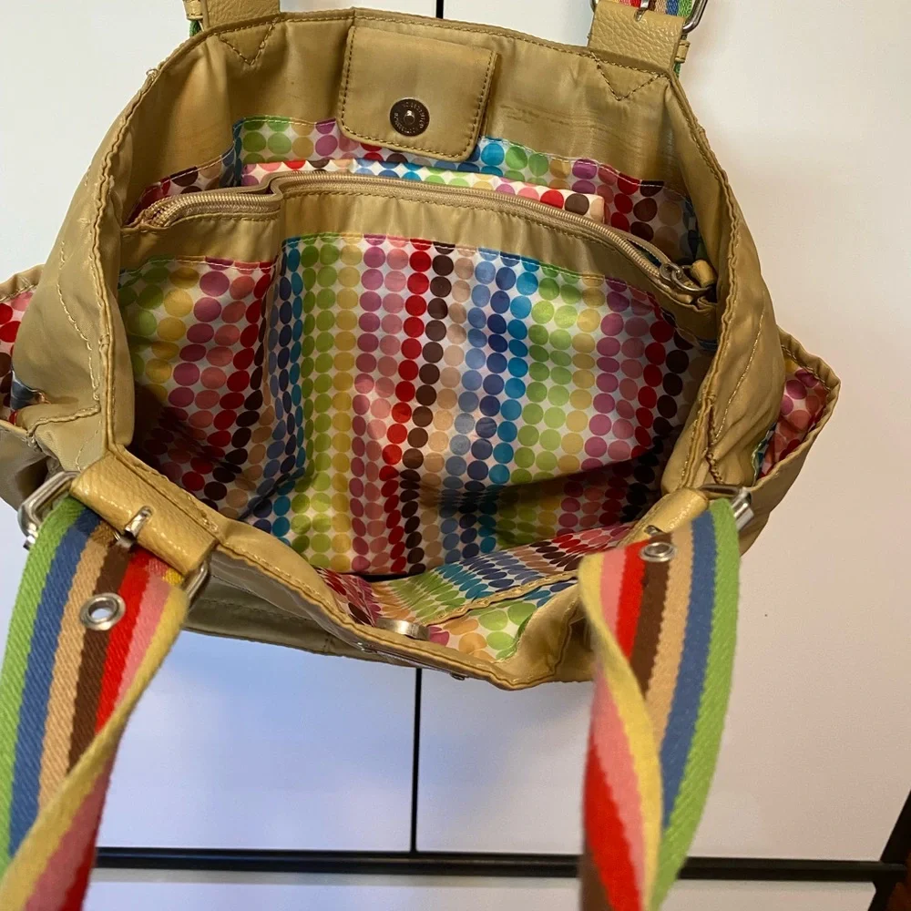 Franco Sarto Tan Bag with Rainbow Straps & festive interior with lots of pockets